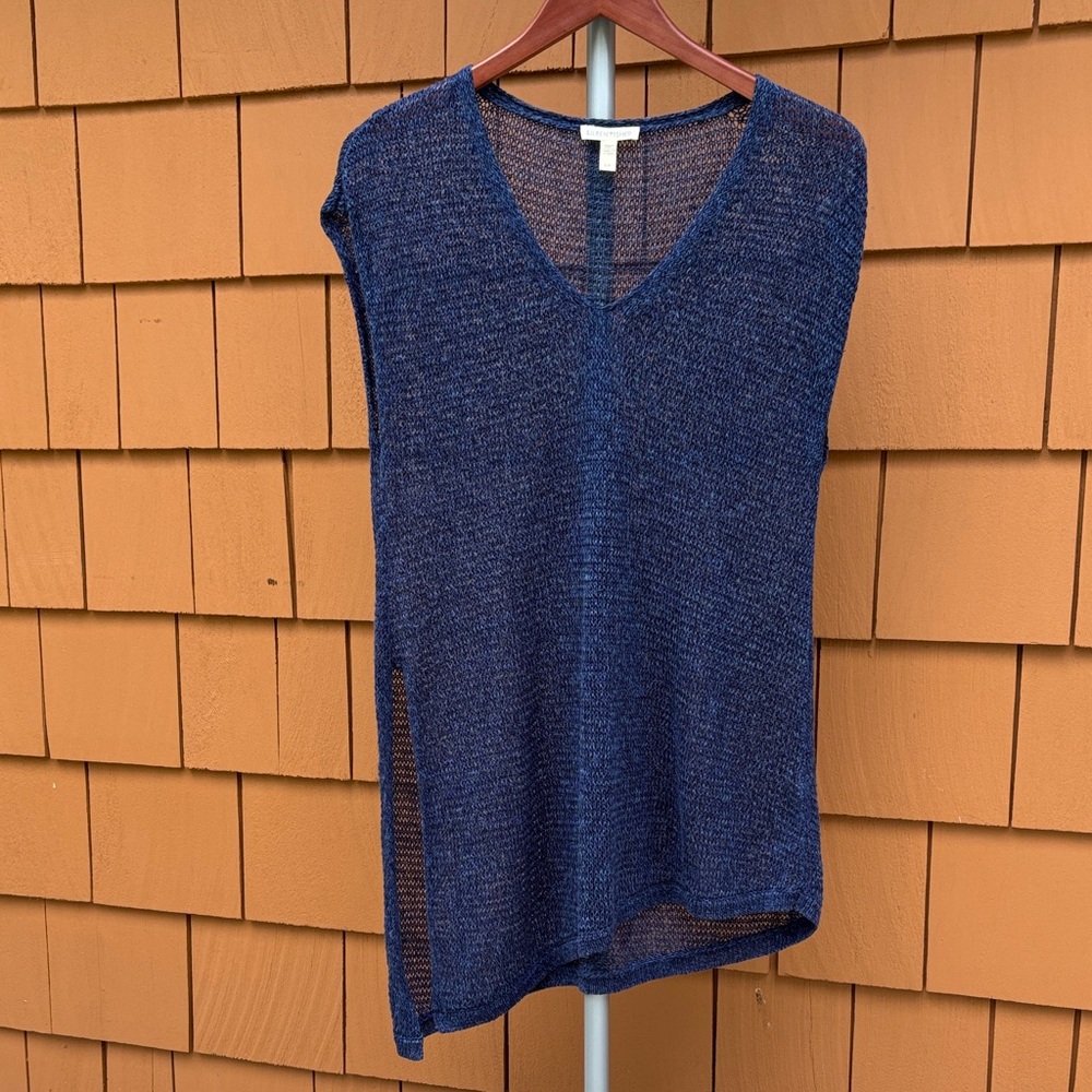 EILEEN FISHER | Blue Chic Linen V Neck Sleeveless Minimalist Knit Tunic | Size S